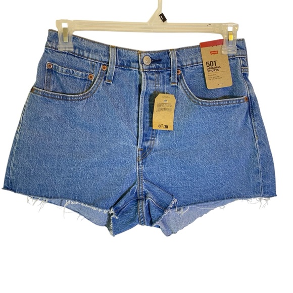 New Women’s Levi’s 501 Blue Denim Cutoff Shorts Distressed Button Fly Size 30 - Picture 1 of 6